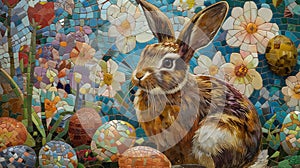 Stained Glass Easter Celebration with Bunny and Eggs. Generative AI