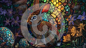 Stained Glass Easter Celebration with Bunny and Eggs. Generative AI