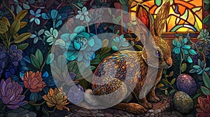 Stained Glass Easter Celebration with Bunny and Eggs. Generative AI