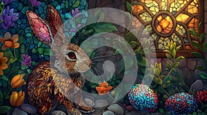 Stained Glass Easter Celebration with Bunny and Eggs. Generative AI