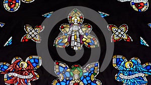 Stained Glass in Exeter Cathedral, West Window Tracery Light Close up A