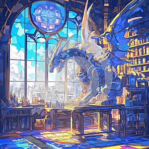 Stained Glass Fantasy: Future Dragon in a Library Cathedral