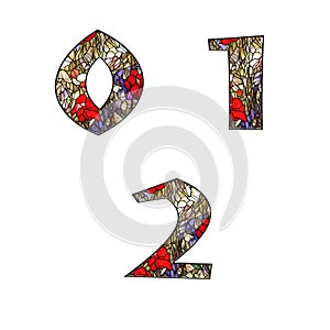 Stained glass floral ornamental alphabet - digits 0-2