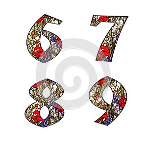 Stained glass floral ornamental alphabet - digits 6-9