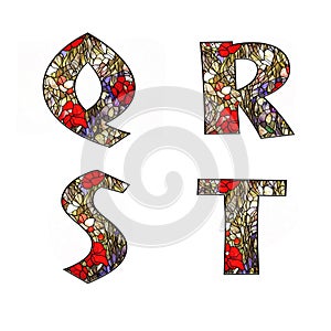 Stained glass floral ornamental alphabet - letters Q-T