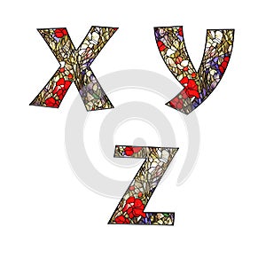 Stained glass floral ornamental alphabet - letters X-Z