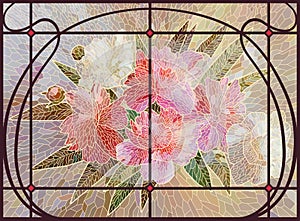 Stained glass flowers. Red peonies on a beige background