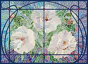 Stained glass flowers. White peonies in a modern style frame