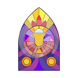 Stained glass gothic arch church window, golden bowl inside round frame pattern