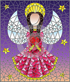 Stained glass illustration with abstract angel in pink robe with heart in hands on a background of sky and stars