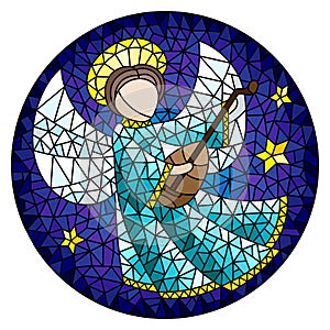 Stained glass illustration with an abstract angel in pink robe play the lute , round picture