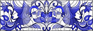 Stained glass illustration with  abstract birds and flowers on a light background , horizontal image, tone blue