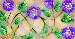 Stained glass illustration with abstract blue flowers on a beige background