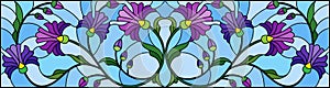 Stained glass illustration with abstract blue flowers on a blue background,horizontal orientation