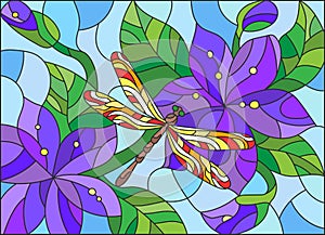 Stained glass illustration with abstract blue flowers and dragonfly