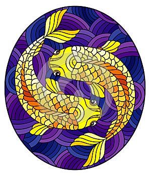 Stained glass illustration with abstract bright goldfishes on blue background, oval image