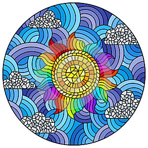 Stained glass illustration with  an abstract bright sun on a blue sky background and a cloud, round image