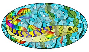 Stained glass illustration with an abstract burbot fish on a background of algae, air bubbles and water, oval image