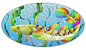 Stained glass illustration with  an abstract burbot fish on a background of algae, air bubbles and water, oval image