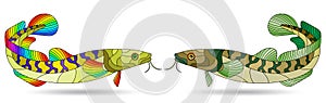 Stained glass illustration with abstract burbot fish isolated on a white background
