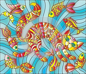 Stained glass illustration of abstract cat and fish