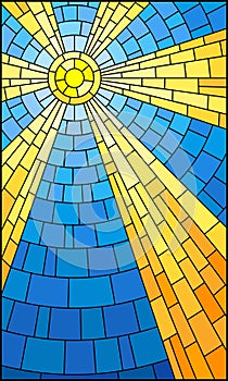 Stained glass illustration with abstract celestial landscape, sun with rays against the sky