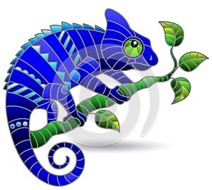 Stained glass illustration with an abstract chameleon on a branch, an animal isolated on a white background