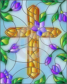 Stained glass illustration with abstract Christian cross and flowers