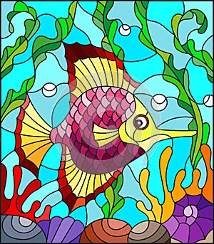 Stained glass illustration with abstract colorful exotic fish amid seaweed, coral and shells