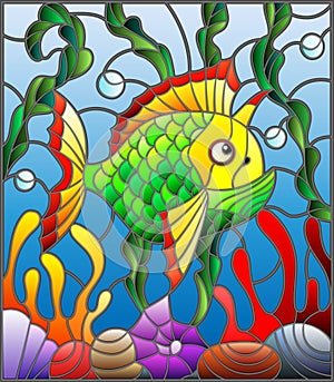 Stained glass illustration with abstract colorful exotic fish amid seaweed, coral and shells