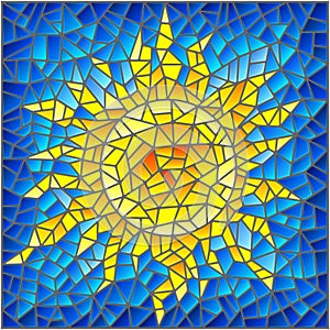 Stained glass illustration with abstract cracked sun against the blue sky