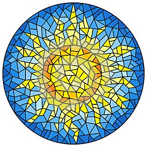 Stained glass illustration abstract cracked sun against the blue sky, round image