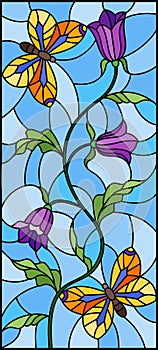Stained glass illustration with abstract curly purple flower and an orange butterfly on blue background , vertical image