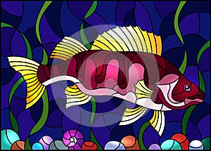 Stained glass illustration with  a abstract fish on the background of water and algae