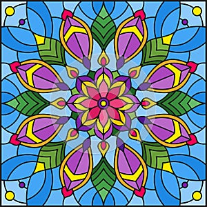 Stained glass illustration with abstract floral ornaments, flowers, leaves and curls on blue background, square illustration