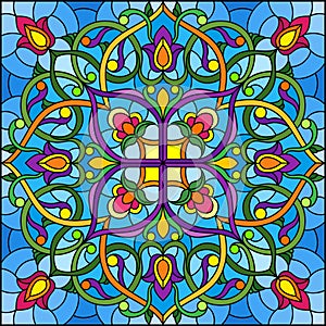 Stained glass illustration with  abstract floral ornaments, flowers, leaves and curls on blue background, square illustration