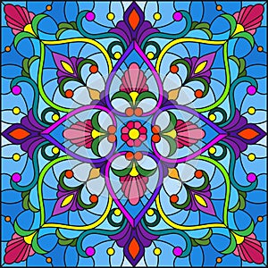 Stained glass illustration with  abstract floral ornaments, flowers, leaves and curls on blue background, square image