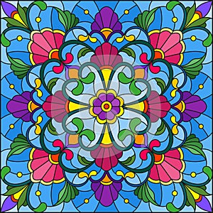 Stained glass illustration  with abstract floral ornaments, flowers, leaves and curls on blue background, square image