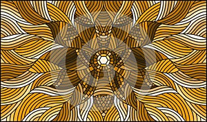 Stained glass illustration with abstract flower on wavy background,brown tone, sepia