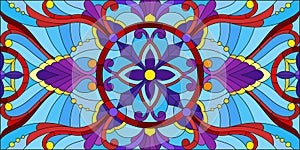Stained glass illustration with abstract flowers, leaves and curls on blue background, horizontal orientation