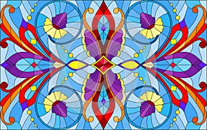 Stained glass illustration with abstract flowers, leaves and curls on blue background, horizontal orientation