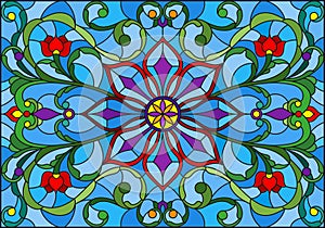 Stained glass illustration with abstract flowers, leaves and curls on blue background, horizontal orientation