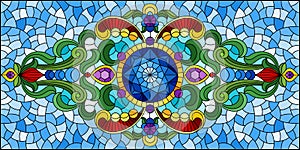 Stained glass illustration with abstract flowers, leaves and curls on a blue background, rectangular horizontal image