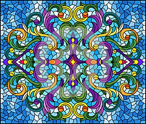 Stained glass illustration with abstract flowers, leaves and curls on a blue background, rectangular horizontal image