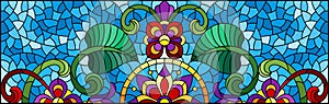 Stained glass illustration with abstract flowers, leaves and curls on a blue background, rectangular horizontal image