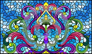 Stained glass illustration with  abstract flowers, leaves and curls on a blue background, rectangular horizontal image