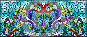 Stained glass illustration with  abstract flowers, leaves and curls on a blue background, rectangular horizontal image