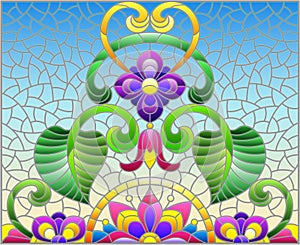 Stained glass illustration with  abstract flowers, leaves and curls on a blue background, rectangular horizontal image