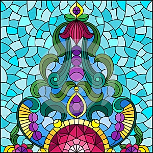 Stained glass illustration with abstract flowers, leaves and curls on a blue background, square image