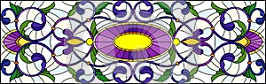 Stained glass illustration with abstract flowers, leaves and curls on light background, horizontal orientation